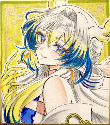 1990s_(style) 1girl absurdres arknights arm_up bare_shoulders blonde_hair blue_eyes blue_hair colored_extremities commentary_request dragon_girl dragon_horns earrings eyeliner from_side hair_between_eyes hair_intakes highres horns jewelry long_hair looking_at_viewer makeup multicolored_hair orange_eyeliner partial_commentary photo_(medium) pointy_ears retro_artstyle setsuna_rio shikishi shu_(arknights) smile solo traditional_media white_hair