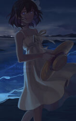 1girl beach blue_eyes blue_hair bob_cut closed_mouth dress hat highres honkai_(series) honkai_impact_3rd looking_at_viewer marina_mag night night_sky outdoors sand seele_vollerei short_hair sky smile solo sun_hat sundress water white_dress