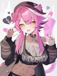 1girl animal_ear_piercing animal_ears badge beret black_bra black_choker black_hat black_jacket black_nails black_shirt black_tank_top blush bra breasts broken_heart button_badge chain chattino_(raora_panthera) choker claw_pose cleavage commentary fang fingernails fish_skeleton_hair_ornament floral_print hair_ornament hairclip hat heart heart_o-ring highres hololive hololive_english hoshimurii jacket jewelry large_breasts long_sleeves looking_at_viewer medium_hair multicolored_hair nail_polish navel o-ring open_clothes open_jacket open_mouth panther_ears panther_girl panther_tail pill pink_hair print_tank_top raora_panthera ring safety_pin see-through_clothes see-through_shirt shirt smile solo spiked_choker spikes streaked_hair striped_clothes striped_jacket tail tank_top underwear virtual_youtuber white_background yellow_eyes