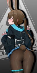 1girl absurdres amiya_(arknights) animal_ears aqua_eyes arknights ass black_jacket blue_skirt blush brown_hair brown_pantyhose commentary_request cowboy_shot from_behind hei_tudou highres hood hood_down hooded_jacket infection_monitor_(arknights) jacket jewelry long_hair long_sleeves looking_at_viewer looking_back low_ponytail miniskirt multiple_rings open_mouth pantyhose pleated_skirt ponytail puffy_long_sleeves puffy_sleeves rabbit_ears rabbit_girl rabbit_tail ring skirt solo tail