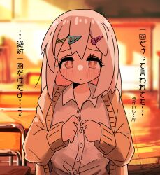 1girl absurdres aged_down blurry blurry_background blush bra breasts_day brown_eyes chair classroom commentary desk embarrassed gyaru hair_between_eyes hair_ornament hairclip highres indoors jacket kogal long_hair long_sleeves looking_at_viewer onii-chan_wa_oshimai! open_clothes open_jacket orange_jacket oyama_matsuri pink_hair school_chair school_desk see-through_clothes see-through_shirt shirt solo sunset translated tsubatya unbuttoning underwear white_shirt wing_collar x_hair_ornament