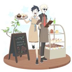 2boys animal-themed_food apron barista black_hair cafe cake cake_slice candy cinnamoroll coffee cupcake dave_strider dessert food glasses happy highres holding holding_candy holding_food holding_menu holding_tray homestuck john_egbert kasage_(rch07) menu menu_board multiple_boys pudding simple_background sunglasses tray waiter white_hair