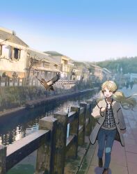 Rule 34 | 1girl, :d, architecture, bad id, bad twitter id, beads, bird, bird request, black cardigan, blonde hair, blue pants, blush, breath, brown bird, brown coat, brown shoes, buttons, canal, cardigan, clenched hands, coat, day, east asian architecture, fence, fluffy hair, grid, hair beads, hair ornament, hand up, handa roco, highres, house, idolmaster, idolmaster million live!, lamppost, long hair, long sleeves, looking at another, low twintails, oi!, open mouth, outdoors, pants, parted bangs, pavement, people, reflection, reflective water, running bond, shoes, sky, smile, solo focus, suburb, tree, twintails, walking, water, wide shot, wooden fence, yellow eyes