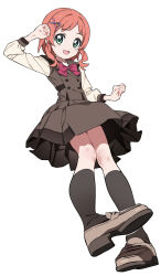 1girl :d aqua_eyes bow bowtie buttons double-breasted full_body hair_ornament hairclip highres hiji_rida inukai_iroha kneehighs loafers long_sleeves open_mouth orange_hair pleated_skirt precure sailor_collar school_uniform shirt shoes short_bangs short_hair short_hair_with_long_locks simple_background skirt smile socks solo white_background wonderful_precure!