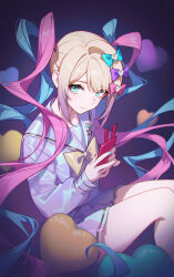 Rule 34 | 1girl, absurdres, aqua eyes, blonde hair, blue hair, blue nails, blue sailor collar, blue serafuku, blue shirt, blue skirt, bow, bowtie, cellphone, chouzetsusaikawa tenshi-chan, closed mouth, commentary request, from side, gradient background, gradient hair, hair bow, heart, highres, holding, holding phone, invisible chair, long hair, long sleeves, looking at viewer, multicolored hair, multicolored nails, multiple hair bows, nail polish, needy girl overdose, phone, pink hair, pink nails, quad tails, sailor collar, school uniform, serafuku, shali, shirt, simple background, sitting, skirt, smartphone, smile, solo, very long hair, yellow bow, yellow bowtie