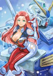 1girl belt black_bra blue_eyes bra breasts christina_mackenzie cleavage gundam gundam_0080 gundam_alex hand_in_own_hair highres long_hair mecha mobile_suit okrdisk2000 open_clothes pilot red_hair robot sitting smile underwear very_long_hair white_belt