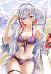 Rule 34 | 1girl, absurdres, beach, beach chair, bikini, blue sky, breasts, colored inner hair, commentary request, cup, disposable cup, highres, holding, holding cup, honkai: star rail, honkai (series), large breasts, morocha1130, multicolored hair, navel, ocean, purple bikini, purple eyes, red hair, sitting, sky, solo, stomach, swimsuit, thigh strap, thighs, topaz (honkai: star rail), two-tone hair, water, white hair