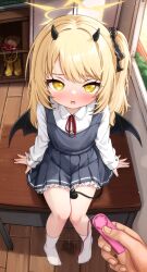 1girl absurdres asymmetrical_hair black_horns black_ribbon black_tail black_wings blonde_hair blue_archive blue_dress classroom collared_shirt commentary comodox demon_girl demon_horns demon_tail demon_wings desk dildo dress english_commentary flat_chest full_body hair_ribbon halo highres holding holding_sex_toy horns ibuki_(blue_archive) indoors large_variant_set loli long_sleeves neck_ribbon on_desk open_mouth paid_reward_available pinafore_dress pov pov_hands pussy_juice red_ribbon remote_control_vibrator ribbon sex_toy shirt side_ponytail sitting sleeveless sleeveless_dress socks solo_focus tail variant_set vibrator white_shirt white_socks wings yellow_eyes yellow_halo