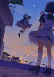 2girls :d amo_(amo_0514) apron arm_at_side black_dress black_hair black_shoes block_heels blue_sky bob_cut building ceiling_light chinese_commentary clenched_hand clenched_hands cloud cloudy_sky commentary_request dress dusk dutch_angle facing_away floating_hair frilled_apron frills from_behind from_below from_side full_body full_moon hands_up high_ponytail highres juliet_sleeves jumping kneehighs knees_up long_hair long_sleeves maid maid_apron maid_headdress moon multiple_girls on_rooftop open_mouth orange_sky original outdoors petticoat ponytail puffy_short_sleeves puffy_sleeves rooftop shoes short_dress short_hair short_sleeves sky smile socks standing star_(sky) white_apron white_socks