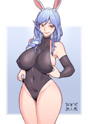 1girl animal_ears blue_hair blush bodystocking breasts closed_mouth covered_collarbone covered_erect_nipples covered_navel heynim highres hololive large_breasts lips long_hair looking_at_viewer pekomama rabbit_ears rabbit_girl red_eyes smile solo thick_thighs thighs virtual_youtuber