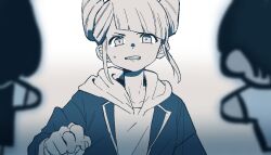 100387l 1girl blurry commentary_request cone_hair_bun diagonal_bangs double_bun fukurai_azami furrowed_brow hair_bun hood hood_down hoodie jacket looking_at_viewer meguriya_ayumu monochrome protected_link puppet short_hair spoilers sweatdrop teeth tomarigi_yasumi toshi_densetsu_kaitai_center upper_body