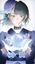 Rule 34 | 1girl, aru (aruaru nainai3), beret, black hair, blue hat, blue kimono, blunt bangs, blush, closed mouth, commentary request, crescent, crescent earrings, earrings, gloves, green eyes, hat, highres, japanese clothes, jellyfish, jewelry, kimono, light particles, link! like! love live!, long sleeves, love live!, momose ginko, official alternate costume, short hair, simple background, smile, solo, split mouth, tilted headwear, tsukuyomi kurage, white background, white gloves