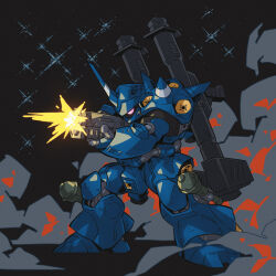 Rule 34 | absurdres, bazooka (gundam), commentary request, firing, full body, gun, gundam, gundam 0080, highres, holding, holding gun, holding weapon, horns, kampfer (mobile suit), legs apart, looking ahead, mecha, mecha focus, mobile suit, no humans, one-eyed, onion maru, pink eyes, robot, science fiction, shotgun, shoulder spikes, single horn, smoke, solo, spikes, standing, sturm faust, thrusters, weapon