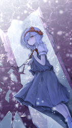 1girl absurdres black_souls blue_dress blue_hair bow bowtie broken_mirror closed_mouth collared_shirt dress feet_out_of_frame hair_bow hand_on_own_chest highres looking_at_viewer mirror pink_eyes puffy_short_sleeves puffy_sleeves red_bow red_bowtie red_eyes scrapiron2800 shirt short_hair short_sleeves snow_white_(black_souls) solo wing_collar