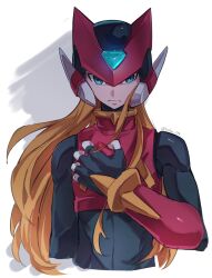 1boy android armor blonde_hair blue_eyes forehead_jewel grey_background helmet highres long_hair male_focus mega_man_(series) mega_man_zero_(series) red_armor red_helmet simple_background solo twitter_username upper_body vani_(hisha_04) zero(z)_(mega_man) zero_(mega_man)