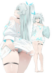 1girl :3 :d absurdres ass bare_shoulders barefoot blue_nails blue_ribbon breasts cellphone commentary ezzi fang feet florence_(girls&#039;_frontline_2) from_behind from_below full_body girls&#039;_frontline girls&#039;_frontline_2:_exilium hair_ribbon hands_on_own_ass heart heart-shaped_pupils heart_print highres holding holding_phone long_hair looking_at_viewer looking_back looking_down messy_hair multiple_views nail_polish no no_pants off-shoulder_shirt off_shoulder open_mouth pa-15_(girls&#039;_frontline) pa-15_(marvelous_yam_pastry)_(girls&#039;_frontline) panties phone pink_eyes ribbon seductive_smile see-through_clothes see-through_shirt shirt simple_background skindentation small_breasts smartphone smile soles standing symbol-shaped_pupils teasing thigh_strap thighs toes underbutt underwear very_long_hair white_background white_hair white_panties white_shirt