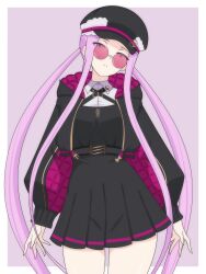 1girl absurdly_long_hair absurdres black_dress black_hat black_hoodie border breasts closed_mouth collared_shirt dani_(angrymatthew) dress eyebrows_hidden_by_hair eyes_visible_through_hair facing_viewer fate/grand_order fate_(series) hat highres hood hoodie long_bangs long_hair looking_at_viewer medium_breasts medusa_(fate) medusa_(rider)_(fate) medusa_(saber)_(fate) outside_border purple_background purple_eyes purple_hair round_eyewear shirt short_dress solo standing sunglasses thighs very_long_hair white_border