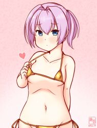 Rule 34 | 1girl, alternate costume, artist logo, bikini, blue eyes, breasts, covered erect nipples, dated, gold bikini, gradient background, hair intakes, kanon (kurogane knights), kantai collection, logo, micro bikini, one-hour drawing challenge, pink background, pink hair, ponytail, shiranui (kancolle), short hair, side-tie bikini bottom, small breasts, solo, swimsuit