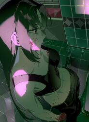1girl abs belt black_eyes black_hair blood blood_on_hands blood_on_stomach bra breasts cigarette clenched_hand denim double-parted_bangs from_above full_body highres jeans limbus_company limited_palette long_hair no_shirt pants pink_light project_moon reflective_floor rodion_(project_moon) sidelocks smoking solo tile_floor tile_wall tiles toned toned_female underwear very_long_hair yongsadragon