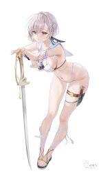 1girl absurdres armpit_crease bangle bare_shoulders bikini bracelet braid breasts commentary ear_piercing english_commentary full_body highres holding holding_sword holding_weapon isari_sensei jewelry leaning_forward looking_at_viewer medium_breasts multi-strapped_bikini_bottom navel neckerchief original parted_lips piercing red_eyes sailor_collar sandals short_hair simple_background solo stomach string_bikini swimsuit sword thigh_strap thighs weapon wet white_background white_bikini white_hair white_sailor_collar