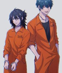 Rule 34 | 2boys, black eyes, black hair, black shirt, black shoes, blue hair, close-up, collarbone, collared jumpsuit, commentary, cowboy shot, cuffs, grey background, hair between eyes, handcuffs, hands in pockets, highres, jewelry, jumpsuit, long hair, looking at viewer, male focus, mole, mole under mouth, moxamog, multiple boys, necklace, open mouth, orange eyes, orange jumpsuit, original, partially unzipped, prison clothes, puzzle piece ornament, shirt, shoes, short hair, simple background, standing, symbol-only commentary, zipper pull tab