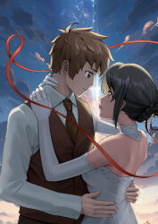 Rule 34 | 1boy, 1girl, absurdres, black hair, brown hair, dress, formal clothes, from side, hand on another&#039;s neck, hand on another&#039;s waist, highres, kimi no na wa., light smile, miyamizu mitsuha, nizz, original, suit, tachibana taki, white dress