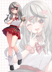 1girl ;d ;p bare_legs black_choker black_hair black_shoes bow bowtie buttons choker collared_shirt cup drinking_straw fang floating_hair full_body grey_hair hair_between_eyes hair_ornament hairclip heart_pendant high-waist_skirt highres holding holding_cup hololive hoshino_reiji inward_v leg_warmers loafers long_hair loose_bowtie multicolored_hair multicolored_nails o-ring o-ring_choker official_alternate_costume one_eye_closed open_mouth outline patterned_background pendant_choker pink_nails pink_scrunchie plaid_bow plaid_bowtie plaid_clothes plaid_skirt pleated_skirt red_bow red_bowtie red_eyes red_nails red_skirt sakamata_chloe sakamata_chloe_(gyarumata) scrunchie shirt shirt_tucked_in shoes sidelocks simple_background skirt sleeves_rolled_up smile standing standing_on_one_leg streaked_hair tongue tongue_out v white_leg_warmers white_outline white_shirt wrist_scrunchie x_hair_ornament zoom_layer