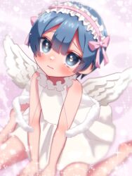 Rule 34 | 1boy, alternate costume, angel, angel wings, bare shoulders, blue eyes, blue hair, blurry, blurry background, blurry foreground, blush, closed mouth, commentary, crossdressing, crossdressing (mtf), dress, feathered wings, hair between eyes, heart, highres, lolita fashion, made in abyss, male focus, maruruk, pink ribbon, ribbon, short hair, sitting, solo, sparkle, symbol-only commentary, trap, tsuzuri (tsuzuri tnpp), wariza, white dress, white wings, wings, yellow pupils