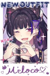 Rule 34 | 1girl, ;d, ahoge, animal ears, barbell piercing, black hair, black nails, blunt bangs, blush, border, braid, cat ears, character name, collarbone, commentary request, detached collar, ear piercing, earrings, english text, eyelashes, fingernails, gold earrings, hair intakes, hands up, heart, heart hands, high ponytail, highres, industrial piercing, jewelry, linked piercing, long fingernails, long hair, looking at viewer, lower teeth only, maid, meloco kyoran, meloco kyoran (2nd costume), multicolored hair, nail polish, nijisanji, nijisanji en, notice lines, official alternate costume, official alternate hairstyle, one eye closed, open mouth, paw print, piercing, ponytail, purple background, purple eyes, purple hair, raised eyebrows, sekka (sekka1202), smile, solo, sparkle, streaked hair, teeth, upper body, virtual youtuber, white border, wing collar