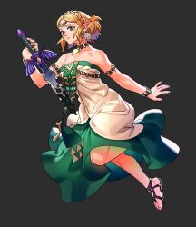 1girl armlet bare_shoulders blonde_hair bracelet braid breasts circlet closed_mouth collarbone crown_braid dress earrings full_body green_dress green_eyes grey_background holding holding_sword holding_weapon jewelry long_dress master_sword medium_breasts nintendo parted_bangs pendant_choker pointy_ears princess_zelda sandals short_hair sidelocks solo solthrys strapless strapless_dress sword the_legend_of_zelda the_legend_of_zelda:_tears_of_the_kingdom two-tone_dress weapon