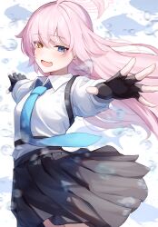 1girl absurdres ahoge black_gloves black_skirt blue_archive blue_eyes blue_necktie blush bubble collared_shirt commentary_request cowboy_shot fang fingerless_gloves fish gloves halo heterochromia highres hoshino_(blue_archive) long_hair looking_at_viewer necktie oiru_(613) orange_eyes pink_hair pink_halo pleated_skirt shirt skin_fang skirt smile solo white_background white_shirt