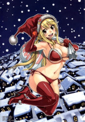 Rule 34 | 1girl, absurdres, armpits, bikini, blonde hair, blush, boots, breasts, brown eyes, carrying over shoulder, christmas, cleavage, curvy, elbow gloves, fairy tail, female focus, full body, fur-trimmed bikini, fur trim, gloves, hat, high heel boots, high heels, highres, large breasts, long hair, looking at viewer, lucy heartfilia, mashima hiro, navel, night, not for sale, official art, open mouth, outline, red bikini, red boots, red gloves, red thighhighs, santa bikini, santa costume, santa hat, side-tie bikini bottom, smile, snowing, solo, stomach, swimsuit, thick thighs, thigh boots, thighhighs, thighs, twintails, underboob, wide hips