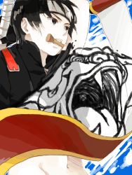 1boy black_eyes black_hair forehead_protector gloves male_focus naruto_(series) naruto_shippuuden paintbrush sai scroll solo tegaki