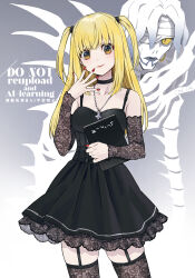 2girls amane_misa artist_name black_choker black_dress blonde_hair blush breasts brown_eyes brown_thighhighs choker cleavage closed_mouth collarbone commentary cowboy_shot ctd_114 death_note detached_sleeves dress garter_straps hand_up highres jewelry lace lace_sleeves lace_thighhighs long_hair looking_at_viewer multiple_girls nail_polish necklace red_nails rem_(death_note) sleeveless sleeveless_dress smile thighhighs two_side_up watermark