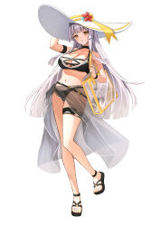 1girl absurdres arm_strap arm_up bare_shoulders bikini black_bikini black_choker black_survival breasts choker cleavage eternal_return:_black_survival flower full_body halterneck hat hat_flower highres large_breasts long_hair looking_at_viewer minami_rio multi-strapped_bikini_top navel open_mouth sandals sarong simple_background solo stomach sun_hat swimsuit thigh_strap transparent_bag very_long_hair white_background white_hair white_hat whoing_x2 wristband yellow_eyes