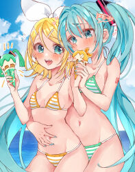 2girls bikini blonde_hair blue_eyes blue_hair blush breasts commentary_request food green_bikini hatsune_miku highres holding holding_food holding_ice_cream ice_cream kagamine_rin long_hair medium_breasts mimi_mine multiple_girls navel ocean open_mouth orange_bikini outdoors short_hair small_breasts striped_bikini striped_clothes swimsuit twintails very_long_hair vocaloid