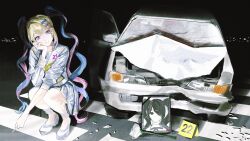 1girl absurdres ame-chan_(needy_girl_overdose) bingi blonde_hair blue_bow blue_eyes blue_hair blue_serafuku bow car car_crash chouzetsusaikawa_tenshi-chan cigarette commentary crosswalk evidence_markers full_body hair_bow hand_on_own_cheek hand_on_own_face hand_up highres holding holding_cigarette iei long_hair long_sleeves looking_at_viewer motor_vehicle multicolored_hair multiple_hair_bows needy_girl_overdose night open_door open_mouth outdoors pink_bow pink_hair purple_bow quad_tails road sailor_collar school_uniform serafuku smile solo squatting street very_long_hair