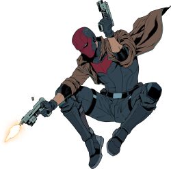 1boy absurdres bat_signal batman batman_(series) batman_symbol black_bodysuit black_gloves bodysuit brown_jacket dc_comics dual_wielding gloves grey_bodysuit gun highres holding jacket jason_todd lucas_meyer male_focus mask muscular muscular_male open_clothes pants red_hood_(dc) red_hood_and_the_outlaws red_mask shirt superhero_costume taut_bodysuit two-tone_bodysuit weapon western_comics_(style)
