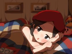1girl adeleine bad_id bad_pixiv_id bed bed_sheet black_hair blanket blush breasts brown_eyes cleavage half-closed_eyes hat highres katsu_(katsupainter) king_dedede kirby kirby_(series) looking_at_viewer lying naked_sheet nintendo on_bed on_side open_mouth painting_(object) plaid shadow under_covers v-shaped_eyebrows