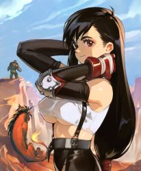 1girl 2boys arms_behind_head bare_shoulders barret_wallace black_gloves black_hair blue_sky breasts brown_vest crop_top dark-skinned_male dark_skin day elbow_gloves elbow_pads final_fantasy final_fantasy_vii fingerless_gloves flame-tipped_tail from_side gatling_gun gloves highres large_breasts long_hair looking_at_viewer low-tied_long_hair midriff multiple_boys navel optionaltypo orange_fur outdoors prosthetic_weapon red_eyes red_gloves red_xiii short_hair skirt sky smile solo_focus suspenders tifa_lockhart torn_clothes torn_sleeves underboob very_short_hair vest