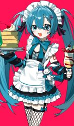 alternate_costume apron arm_warmers belt black_bow black_dress black_thighhighs blue_eyes blue_hair blush bow buttons cherry cup dress enmaided fishnet_thighhighs fishnets food frilled_apron frilled_hairband frills fruit garter_straps hair_between_eyes hair_bow hair_ornament hairband hairclip hatsune_miku highres holding holding_cup holding_plate ice_cream_cup layered_dress long_hair looking_at_viewer maid myuga66666 open_mouth pancake pancake_stack pink_background plate sleeveless sleeveless_dress strawberry thigh_belt thigh_strap thighhighs twintails very_long_hair vocaloid waist_apron white_apron white_hairband