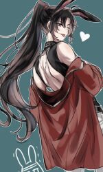 1boy ;p alternate_costume animal_ears back back_cutout bare_shoulders bishounen black_hair black_shirt clothing_cutout from_behind heart highres jacket jacket_partially_removed jewelry kemonomimi_mode long_hair looking_at_viewer looking_back male_focus modao_zushi necklace off_shoulder one_eye_closed open_clothes open_jacket pants ponytail purple_eyes rabbit_boy rabbit_ears red_jacket semiusa1010 shirt smile solo tongue tongue_out trap turtleneck wei_wuxian white_pants