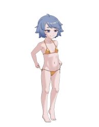 1girl absurdres ahoge bikini blue_eyes blue_hair collarbone flat_chest gold_bikini groin highres indie_virtual_youtuber micro_bikini mitty_(vtuber) navel nirakilu short_hair simple_background solo stomach swimsuit thighs virtual_youtuber white_background