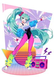1980s_fashion 1girl alternate_costume aqua_eyes aqua_hair atomicmrshmallw barefoot black_leotard boombox breasts commentary covered_navel cropped_shirt english_commentary floating_hair full_body green_leg_warmers hatsune_miku hololive leg_warmers leggings leotard long_hair looking_at_viewer nail_polish open_mouth pink_leggings ponytail shirt single_off_shoulder small_breasts solo standing toenail_polish toenails very_long_hair white_shirt wristband