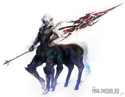 1boy abs asymmetrical_hair bangle black_boots black_skin blue_eyes boots bracelet braid cape centaur closed_mouth colored_skin commentary_request copyright_name earrings electricity extra_legs final_fantasy final_fantasy_xvi frilled_cape full_body fusion hair_between_eyes hand_on_own_hip high_heel_boots high_heels highres holding holding_polearm holding_weapon jewelry large_pectorals light_smile logo long_hair looking_at_viewer male_focus mario_(2669431) monster_boy monsterification muscular muscular_male nipples pectorals pointy_ears polearm sidelocks simple_background single_braid sleipnir_(final_fantasy) sleipnir_harbard solo spear standing stud_earrings taur variant_set weapon white_background white_cape white_hair