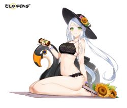 1girl :3 bare_legs bare_shoulders bead_bracelet beads bikini bikini_skirt bird black_bikini black_hat bracelet breasts closers female_focus flower green_eyes hat hat_flower highres holding inflatable_toy jewelry long_hair looking_at_viewer lotion_bottle low_twintails medium_breasts nail_polish navel official_art sandals sitting smile solo soma_(closers) stomach sun_hat sunflower swan swimsuit thighs twintails white_hair yellow_flower
