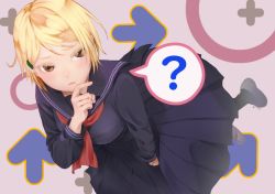 10s 1girl ? arrow_(symbol) black_dress black_legwear black_serafuku black_shoes blonde_hair brown_eyes dress female_focus frown full_body hair_ornament hand_up hidaka_koharu high_score_girl looking_at_viewer red_neckwear school_uniform senoka serafuku shoes simple_background solo speech_bubble spoken_question_mark
