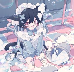 Rule 34 | 1boy, animal ear fluff, animal ears, apron, arms between legs, bandaid, bandaid on leg, black hair, blue jacket, blush, bubble, bucket, cat boy, cat ears, cat tail, checkered floor, commentary, crossdressing, crossdressing (mtf), dated, fang, frilled thigh strap, full body, gauze, gauze on leg, hair between eyes, hair ornament, highres, jacket, jersey maid, leg warmers, maid, maid apron, maid headdress, male focus, male maid, open mouth, original, ozureiji, red eyes, shoes, short hair, sitting, skin fang, smile, sneakers, soap bubbles, solo, spill, sweat, symbol-only commentary, tail, thigh strap, track jacket, tsurime, unconventional maid, v arms, wariza, white apron, white leg warmers, white shoes, x hair ornament, zipper, zipper pull tab
