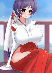 1girl aqua_eyes blue_sky blurry blurry_background blush breasts closed_mouth cloud day hair_tubes hakama hakama_skirt heart heart-shaped_pupils highres japanese_clothes kimono large_breasts long_hair looking_at_viewer love_live! love_live!_school_idol_festival love_live!_school_idol_project outdoors pisagi purple_hair railing red_hakama sidelocks sitting skirt sky smile solo symbol-shaped_pupils tojo_nozomi very_long_hair white_kimono wide_sleeves