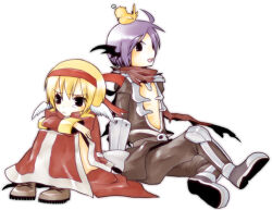 1boy 1girl animal animal_on_head ark_kan armor armored_boots assassin_cross_(ragnarok_online) bat_wings bird bird_on_head black_cape black_eyes black_pants black_shirt black_wings blonde_hair boots brown_boots cape commentary_request dress feathered_wings full_body hairband head_wings high_priest_(ragnarok_online) juliet_sleeves long_sleeves looking_at_viewer on_head open_mouth pants pauldrons puffy_sleeves purple_hair ragnarok_online red_dress red_hairband red_scarf scarf shirt short_hair shoulder_armor simple_background smile tearing_up torn_clothes torn_scarf vambraces waist_cape white_background white_wings wings